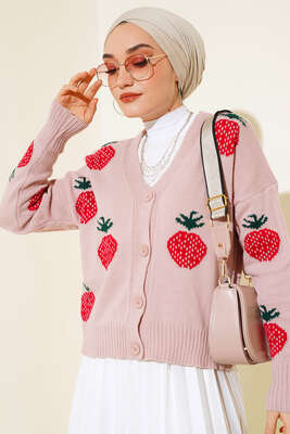 Çilek Desen Kısa Hırka Pudra - Thumbnail