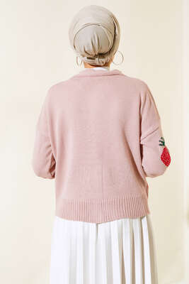 Çilek Desen Kısa Hırka Pudra - Thumbnail