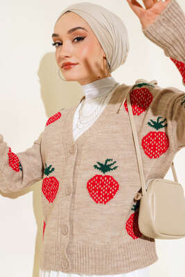 Çilek Desen Kısa Hırka Latte - Thumbnail