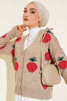 Çilek Desen Kısa Hırka Latte - Thumbnail