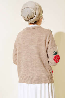 Çilek Desen Kısa Hırka Latte - Thumbnail