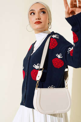 Çilek Desen Kısa Hırka Lacivert - Thumbnail