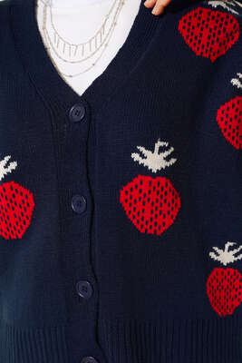 Çilek Desen Kısa Hırka Lacivert - Thumbnail