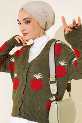 Çilek Desen Kısa Hırka Haki - Thumbnail