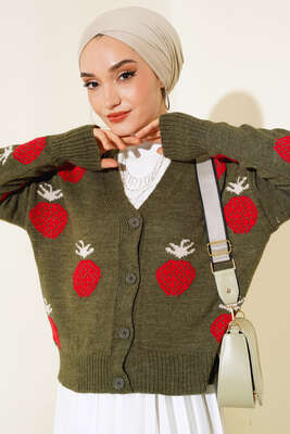 Çilek Desen Kısa Hırka Haki - Thumbnail