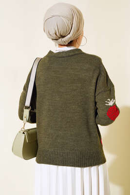 Çilek Desen Kısa Hırka Haki - Thumbnail