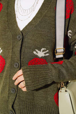 Çilek Desen Kısa Hırka Haki - Thumbnail