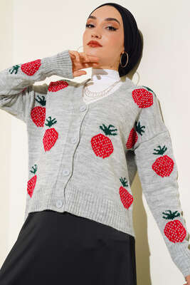 Çilek Desen Kısa Hırka Gri - Thumbnail