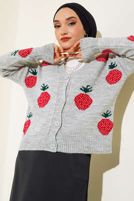 Çilek Desen Kısa Hırka Gri - Thumbnail