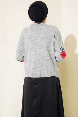 Çilek Desen Kısa Hırka Gri - Thumbnail