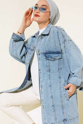 Omuzu Taşlı Kot Ceket Kot Mavisi - Thumbnail