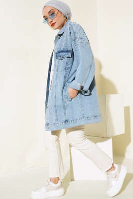 Omuzu Taşlı Kot Ceket Kot Mavisi - Thumbnail