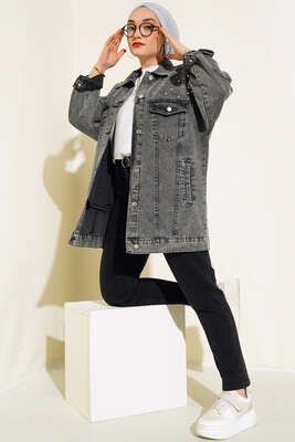 Omuzu Taşlı Kot Ceket Füme - Thumbnail