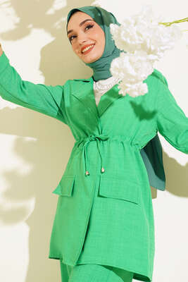 Pazarium - Ceketli Keten Takım Neon Yeşil