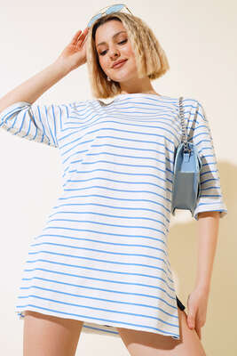 Pazarium - Çizgili Kısa Kol T-shirt İndigo