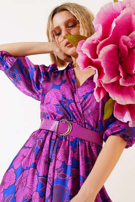 Kemerli Saten Elbise Menekşe - Thumbnail