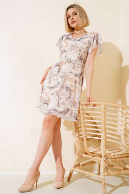 Pazarium - Kol Fırfırlı Şifon Elbise Bej