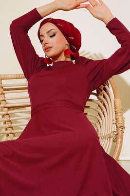 Pazarium - Balon Kol Omuz Pileli Elbise Bordo