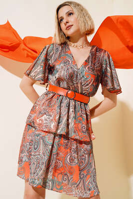 Pazarium - Etnik Desen Saten Elbise Yeşil Oranj