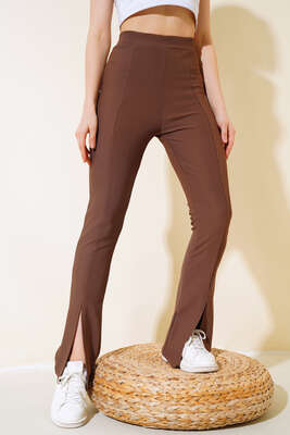 Paçası Yırtmaçlı Tayt Pantolon Kahve - Thumbnail