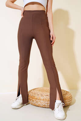 Paçası Yırtmaçlı Tayt Pantolon Kahve - Thumbnail