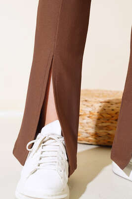 Paçası Yırtmaçlı Tayt Pantolon Kahve - Thumbnail