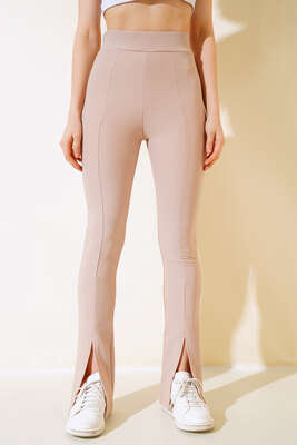 Paçası Yırtmaçlı Tayt Pantolon Camel - Thumbnail