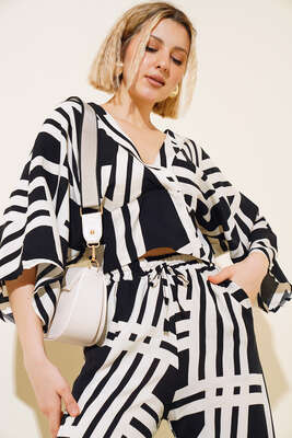 Çizgi Desenli İkili Takım Siyah - Thumbnail