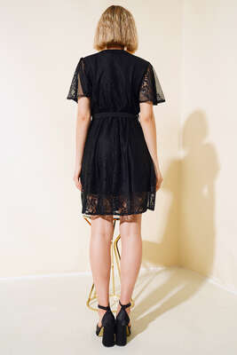 Dantelli Kısa Kol Elbise Siyah - Thumbnail