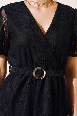 Dantelli Kısa Kol Elbise Siyah - Thumbnail