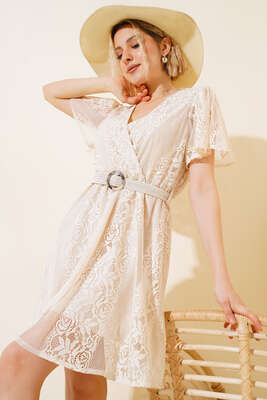 Dantelli Kısa Kol Elbise Bej - Thumbnail