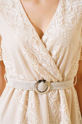 Dantelli Kısa Kol Elbise Bej - Thumbnail