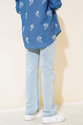 Uzun Salaş Kot Pantolon Açık Kar - Thumbnail