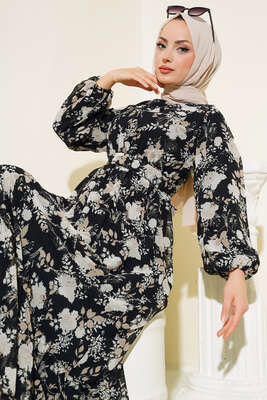 Pazarium - Gül Desenli Şifon Elbise Siyah