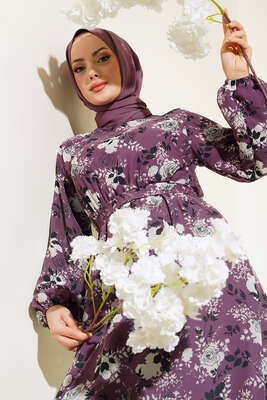 Gül Desenli Şifon Elbise Magenta - Thumbnail