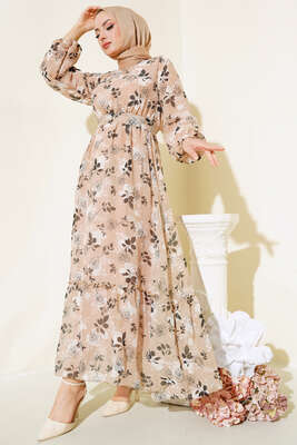 Gül Desenli Şifon Elbise Bej - Thumbnail