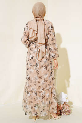 Gül Desenli Şifon Elbise Bej - Thumbnail