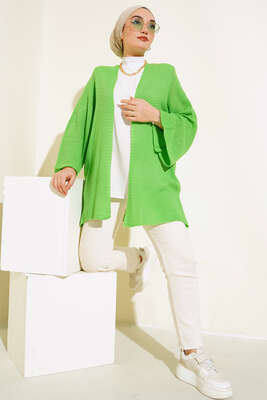 Pirinç Örgü Yarasa Kol Hırka Yeşil - Thumbnail