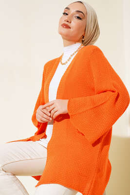 Pirinç Örgü Yarasa Kol Hırka Oranj - Thumbnail