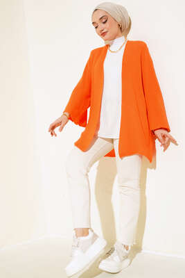 Pirinç Örgü Yarasa Kol Hırka Oranj - Thumbnail