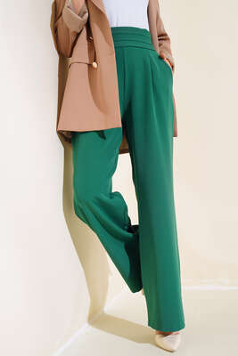 Pazarium - Beli Üç Katlı Bol Paça Pantolon Yeşil