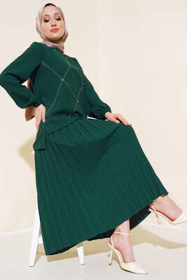 Pazarium - Önü Taşlı Süslemeli Krep İkili Takım Zümrüt