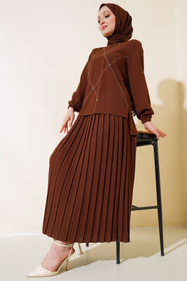 Pazarium - Önü Taşlı Süslemeli Krep İkili Takım Kahve