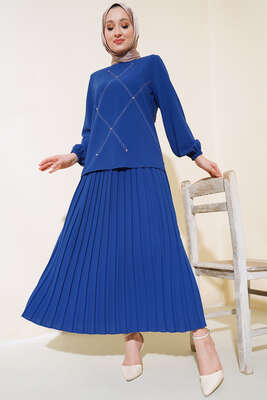 Pazarium - Önü Taşlı Süslemeli Krep İkili Takım İndigo