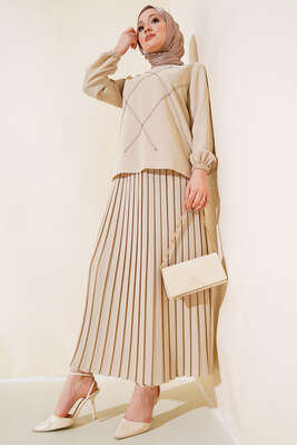 Pazarium - Önü Taşlı Süslemeli Krep İkili Takım Bej