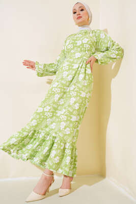Pazarium - Çiçek Desenli Kuşaklı Kat Elbise Yeşil