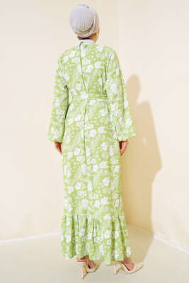 Çiçek Desenli Kuşaklı Kat Elbise Yeşil - Thumbnail