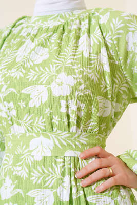 Çiçek Desenli Kuşaklı Kat Elbise Yeşil - Thumbnail