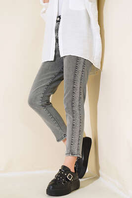 Pazarium - Taş Şeritli Dar Paça Pantolon Gri