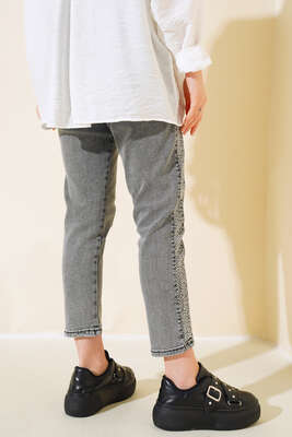 Taş Şeritli Dar Paça Pantolon Gri - Thumbnail